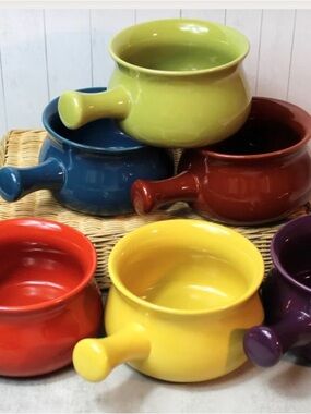 Ceramic Fondue & Soup Bowl with Handle - Yellow, Red, Blue, Green, Purple